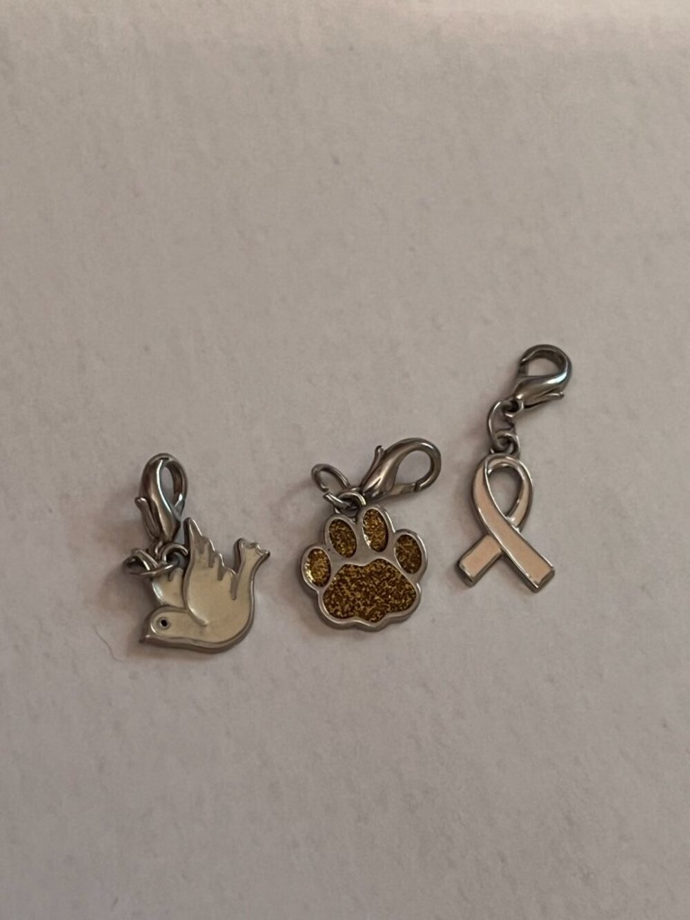 3 Stainless Steel Charms: Dove, Paw Print, Breast Cancer Ribbon (308)